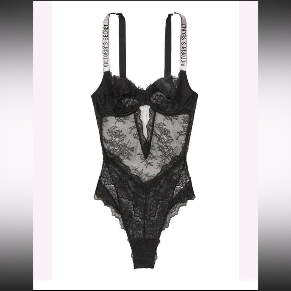 VICTORIAS SECRET RHINESTONE LOGO STRAP LACE TEDDY BODYSUIT